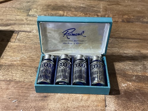 Vintage Raimond Cobalt Blue Glass Silverplate Salt and Pepper Shakers 2 Sets