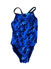 TYR One Piece Swimsuit Womens Sz 32 M Black Blue Swim Suit Keyhole Back