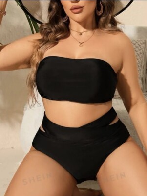 SHEIN Swim Plus size bandeau bikini black Cutout Swimsuit Set high waist Sz 2x