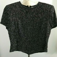 Vintage Papell Boutique Evening Women's Black Silk Beaded Formal Top - Size: S