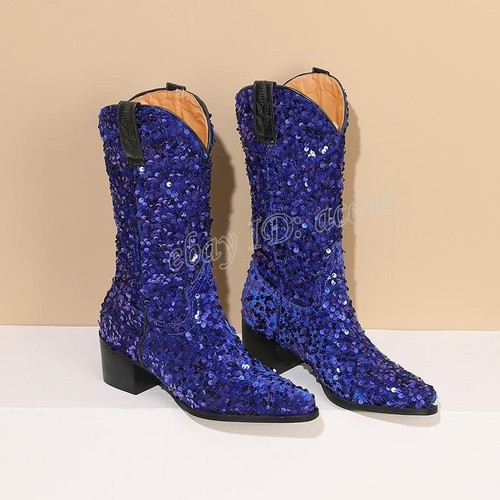 Sequins Ankle Boots Mid Block Heel Pointy Toe Pull on Casual Womens Cowboy Shoes - Picture 15 of 26