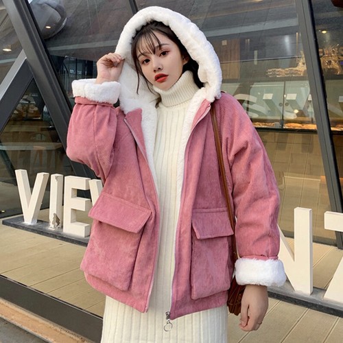 Women Hooded Corduroy Jacket Coat Faux 