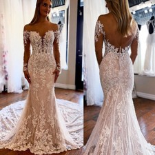 Elegant Mermaid Wedding Dresses Long Sleeve Appliques Backless Lace Bridal Gowns