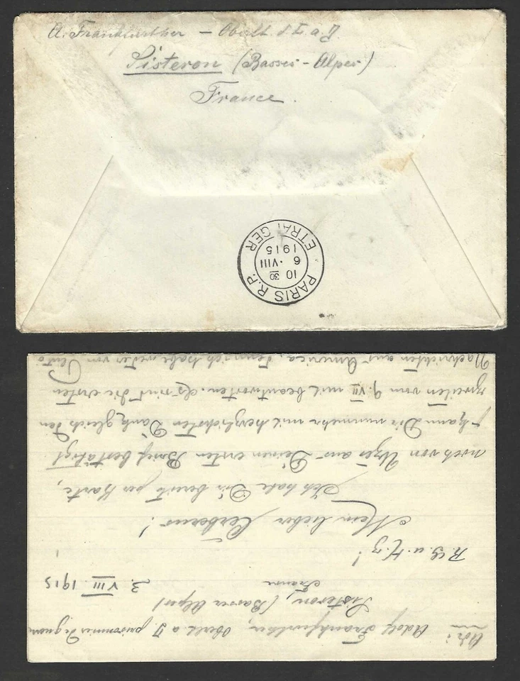 FRANCE TO US 1915 POUU GERMANY PRISONER OF WAR COVER AND LETTER IN GERMAN - Image 2 of 3