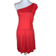 Basic House Womens Size S Dress Summer One Shoulder Ruffles Tee Dress Coral/Pink