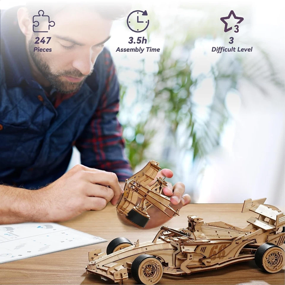 ROKR 3D Puzzles 1:18 Scale Wooden Racing Car Wood Mechanical Model Car Kits Teen - Image 4 of 4