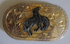 Gold Toned Western Belt Buckle Bucking Bronco Cowboy Light Weight Metal EUC