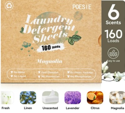 LIQUID FREE LAUNDRY! Easy DISSOLVE- Laundry Detergent Sheets, Magnolia Scent
