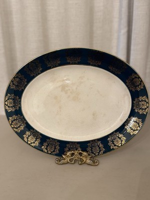Vtg Palissy Pottery England 12'' Oval Serving Platter Cobalt Blue Gold Gilt