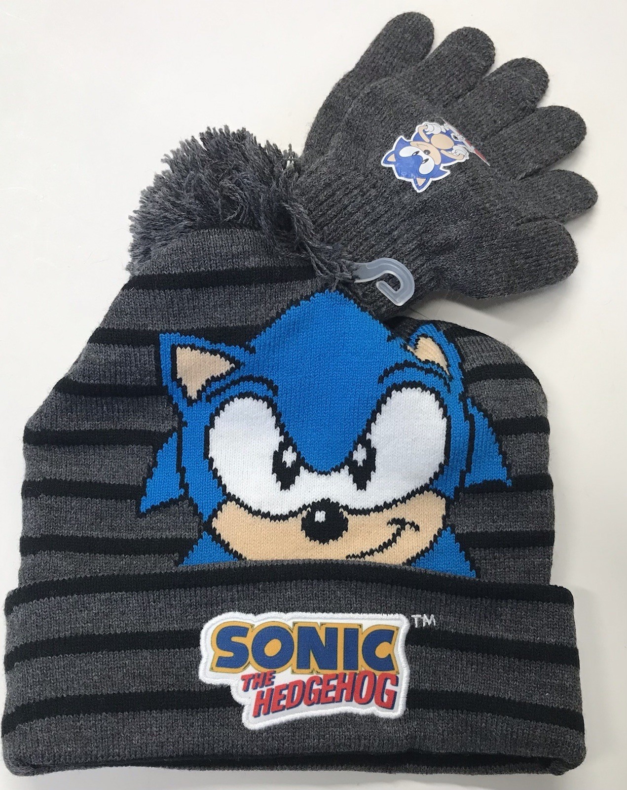Beanie Cap - Sonic the Hedghog Gray/Black Strip w/Glove Mitten Knit Hat Set NEW