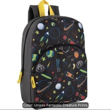 Kids Large Space Rocket Print Backpack Black/Yellow 15in Zip Front Pocket