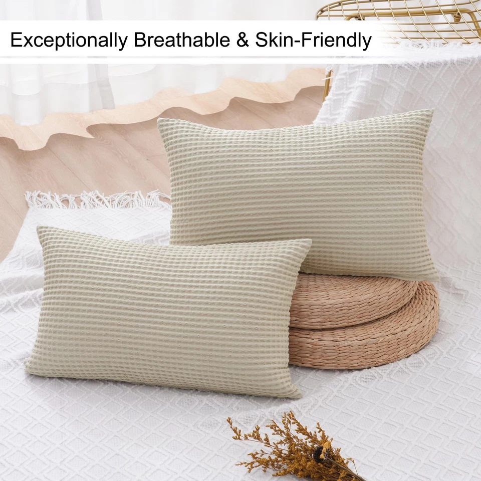 Funda de almohada lumbar PHF 100 % algodón tejido gofre 12x20 pulgadas paquete de 2 decorativas Foto 3 de 4