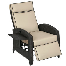 Outsunny Garden Recliner w/ Cushion, Reclining Rattan Chair, Khaki/Brown