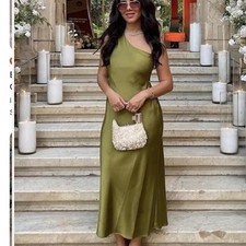 ZARA NEW MIDI ASYM. SATIN DRESS KNOT-BACK OLIVE GREEN SIZE M 8372/074