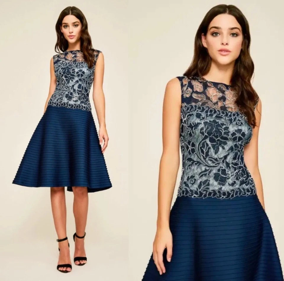 Vestido Tadashi Shoji Yumi Encaje Pin Tuck Fit & Acampanado Azul Marino Sin Mangas Fiesta 8 Foto 4 de 4