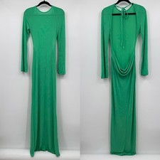 Dramatic Cowl-Neck Draped Back Maxi Dress Medium Green Long Sleeve Formal Sexy