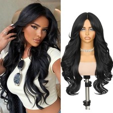 Long Black Brown Curly Wigs with Curtain Bangs - 26 Inch Wavy Middle Part Pre...