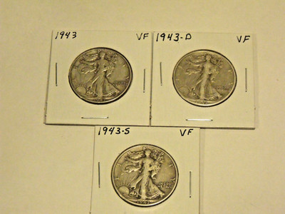 SILVER 1943-P-D-S  Silver Walking Liberty Half Dollars (3 coins) VF condition