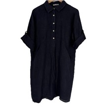 Elena Baldi Womens Linen Shift Dress L Navy Blue Pockets Coastal Beachy Minimal