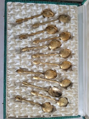 Konvolut 12 kleine Löffel Vermeil Blattgold und Kaffeebohne Vintage 144gr 