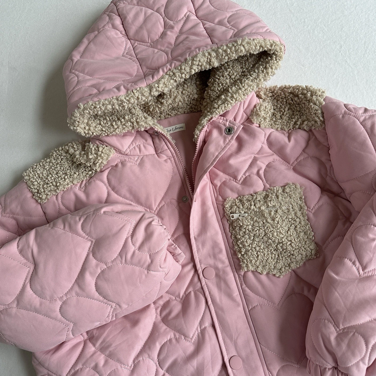 UNDERCOVER For Love And Lemons Giacca Rosa Cuore Puffer Coat con Cappuccio Sherpa Bordo Zip Up L