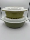 2 Pyrex Verde Olive Green Casserole With Lids 043 1 1/2 QT-045 2 1/2 QT