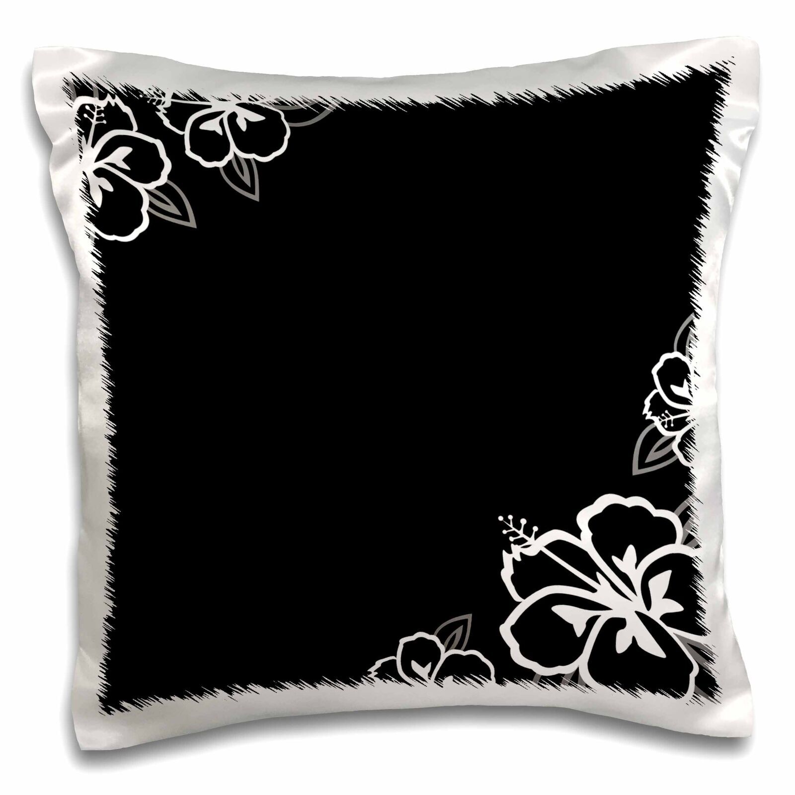 3dRose Black with White Hibiscus Flowers 16x16 inch Pillow Case