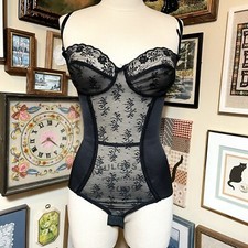 80s Vintage JCPenney Black Lace Shaping Stretch Bodysuit with Underwires 38C