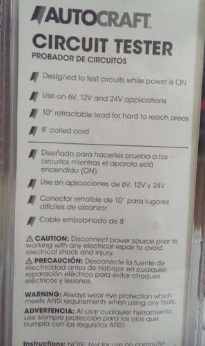 Autocraft Circuit Tester 6 - 24 Volt . AutoCraft Part #86592 - Picture 2 of 2