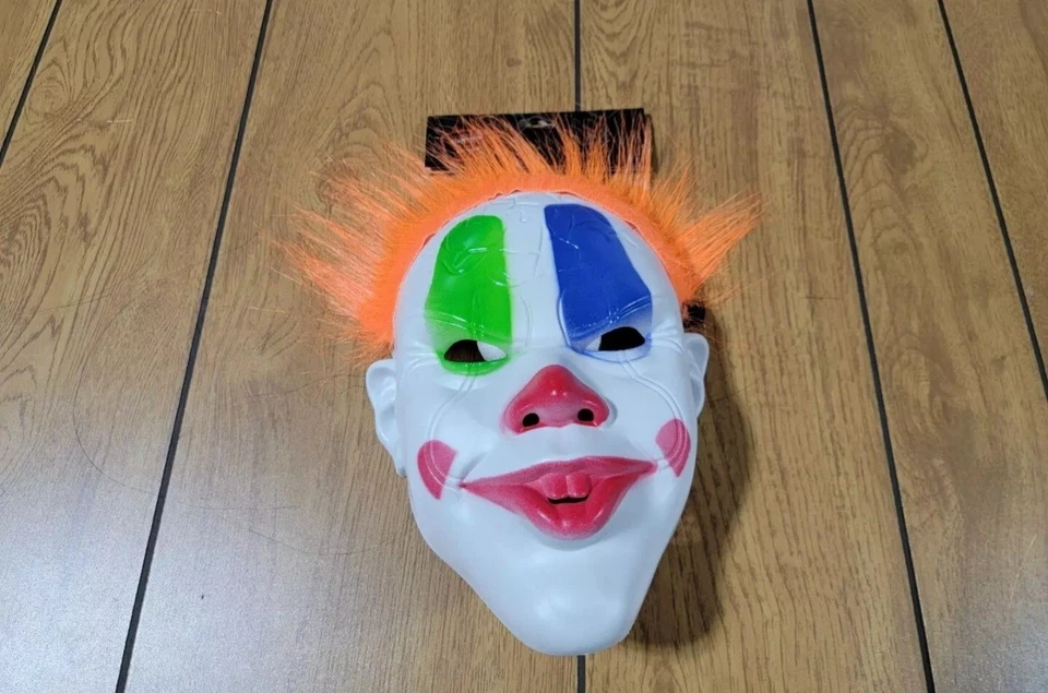Scary Clown Mask White Plastic with Red Nose and Orange Hair 8 in x 11 in - Image 3 of 3