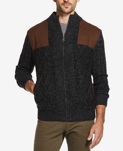 Weatherproof Vintage Men's Faux SuedePatch FleeceLined Zip Sweater