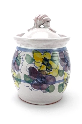 SJ Pottery Lidded Red Clay Jar - Painted Flowers - Bethel Missouri - 5"