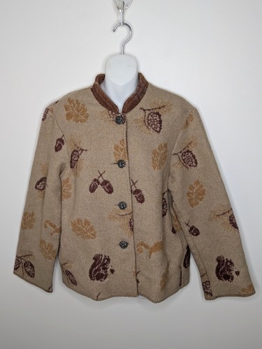 Vintage Wooded River Jacket Coat Women's Large Beige Squirrels Acorns Wool Blend