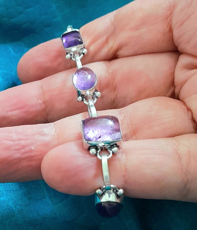 BRACCIALE DONNA AMETISTA NATURALE CABOCHON IN ARGENTO MASSICCIO 925 IDEA REGALO - Immagine 3 di 4