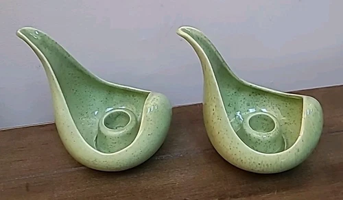 Red Wing Vintage 2 Piece Set Candle Holders Teardrop 1409 Green Speckled Flame