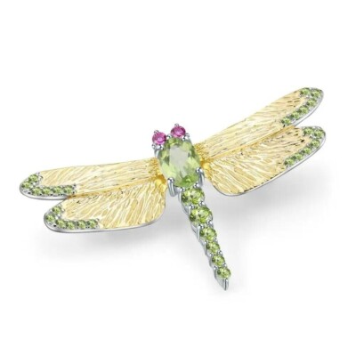 Natural 1.13Ct Peridot 925 Sterling Silver Handmade Dragonfly Pendant Brooch