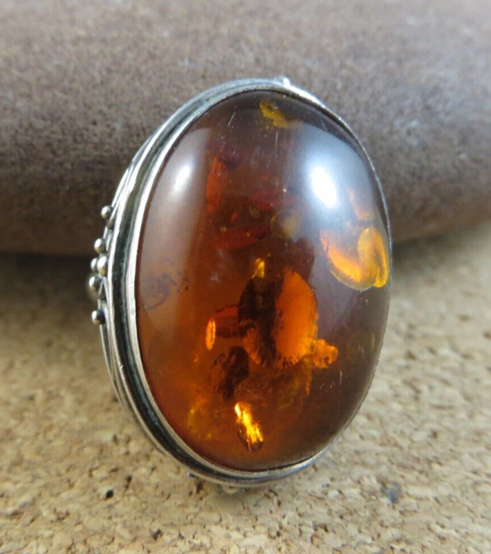 Vintage Large Natural Amber Cabochon Gemstone Sterling Silver Ring Size 6 #271