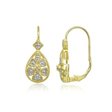 Gold Flash 925 Silver Diamond Accent Filigree Heart Teardrop Leverback Earrings