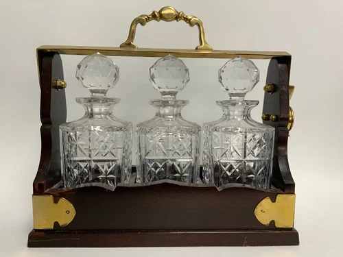 3 Decanter Swing Top Tantalus Solid Brass Fittings Lead Crystal Decanters