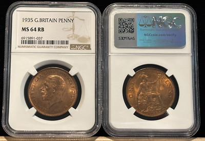 GREAT BRITAIN 1 Penny 1935, NGC MS 64 RB, Lustrous Surfaces