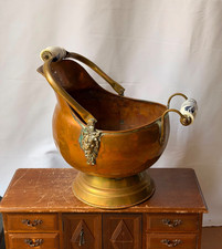Antique Dutch Copper Coal Scuttle Brass Lion Head Delft Porcelain Handle Bin