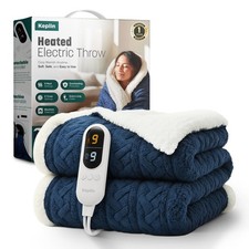 Keplin Electric Heated Throw Blanket In Navy- Fleece Wool Duvet, 9 Heat Settings