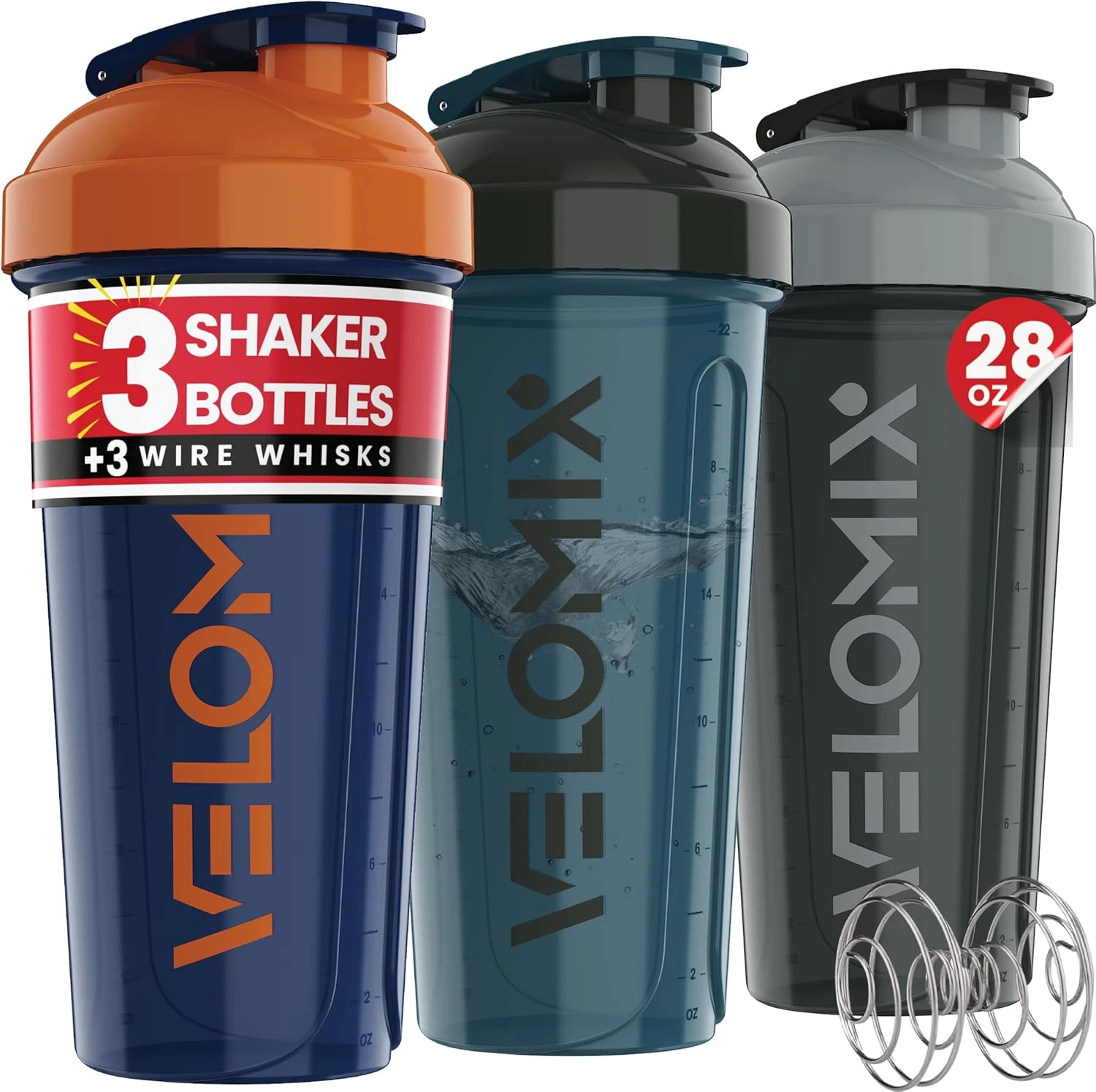 3 Pack 28oz Protein Shaker Bottles w/ Wire Whisks Leakproof