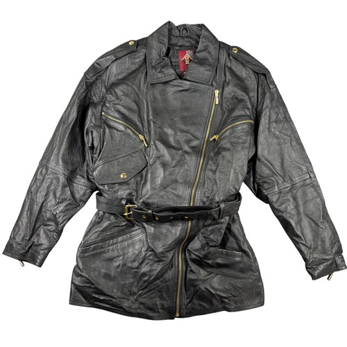 Giacca pelle vintage GIII donna M nera foderata con cintura moto biker zip oro - Foto 7 di 23
