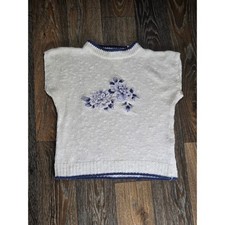 Vintage Floral Embroidered Knit Sweater Vest White Blue Cotton Ramie Linen M