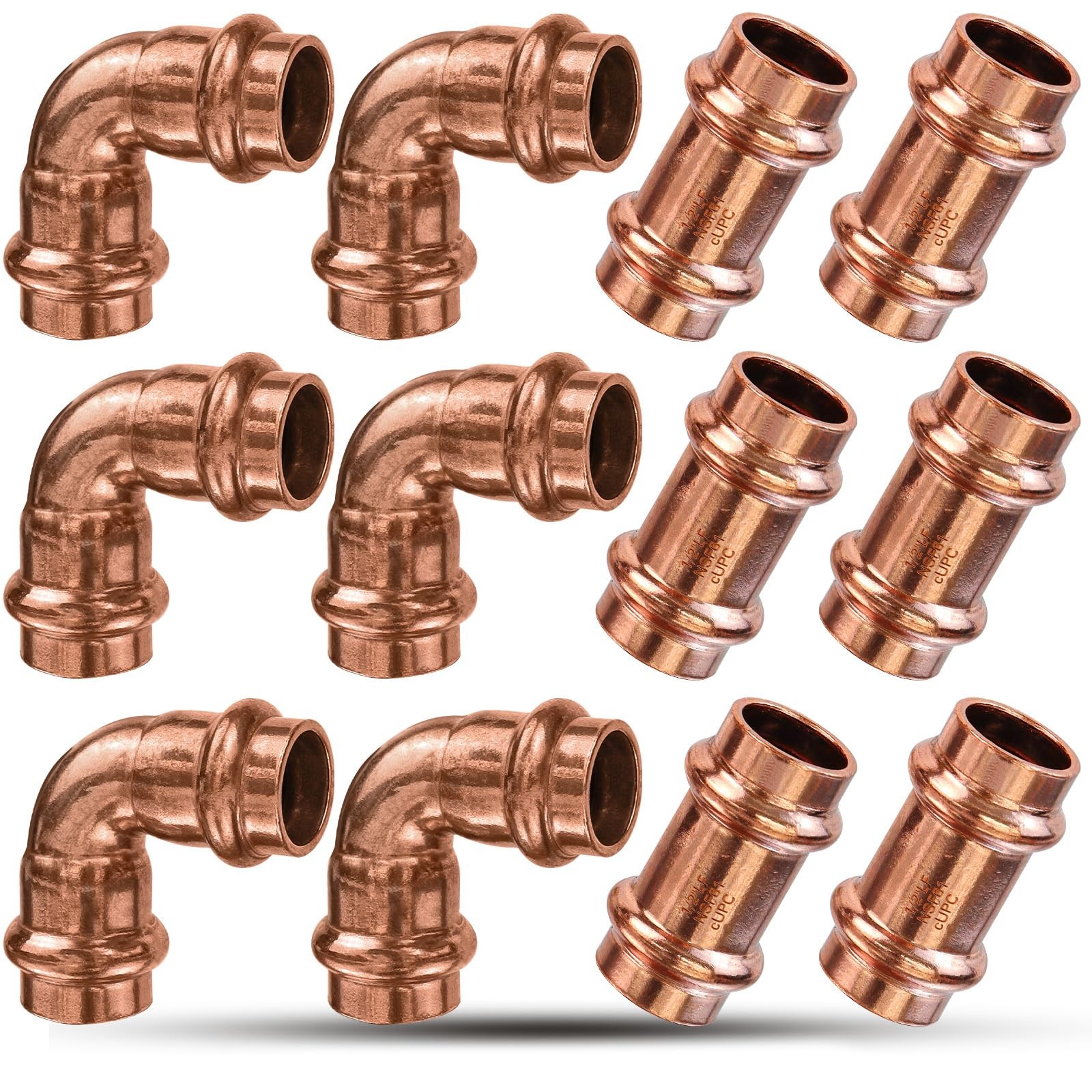 Copper Press Fittings 1/2 inch Kit w/6pk 1/2" Copper Coupling&6pk 90 Elbow