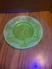 VINTAGE URANIUM DEPRESSION ETCHED EMBOSSED BEAUTIFUL FLORAL GLASS 8"  PLATE