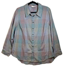 CJ Banks Gingham Plaid Flannel Button Up Top Plus 1X Gray Pastel Woven Casual