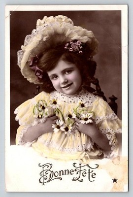 Bonne Fête Hand-Tinted Real Photo Postcard Edwardian Girl & Flowers VBC Etoile