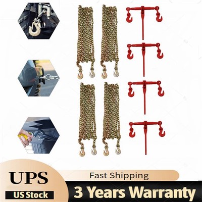4 Pack 5/16''-3/8'' Chain and Binder Kit Ratchet Load Binder w/ 4x 20ft Chains